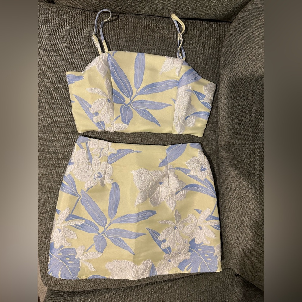 Pink Lily Yellow and Blue Floral Skirt Set